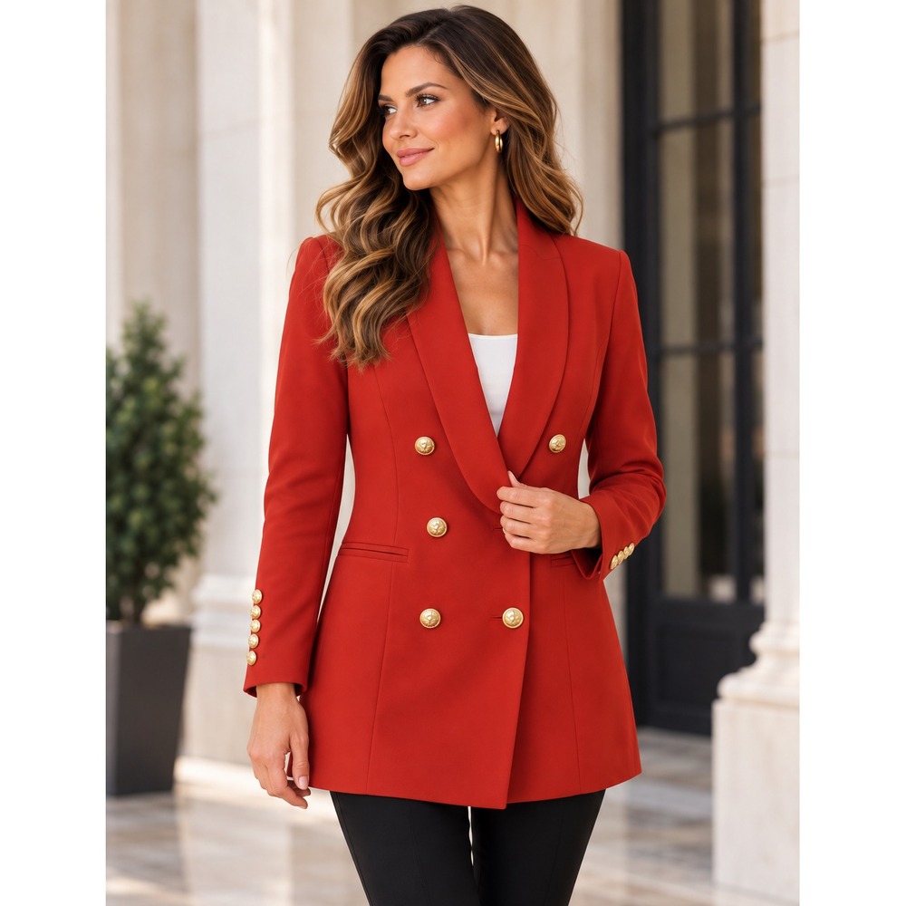 NWT Muy Muy Women's Red Double Breasted Blazer Jacket Gold Buttons Size Small